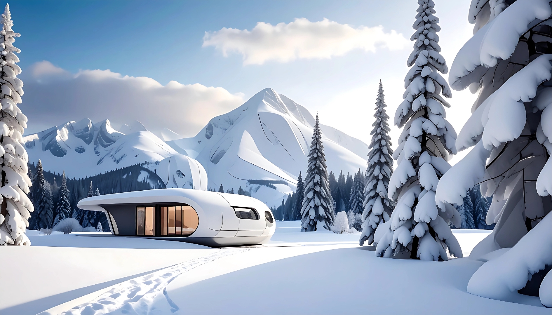 Snowy landscape with modern cabin and trees